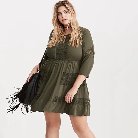 torrid Dresses & Skirts - Torrid Lace Inset Challis Dress Womens Plus 1X Olive Green Boho Lightweight